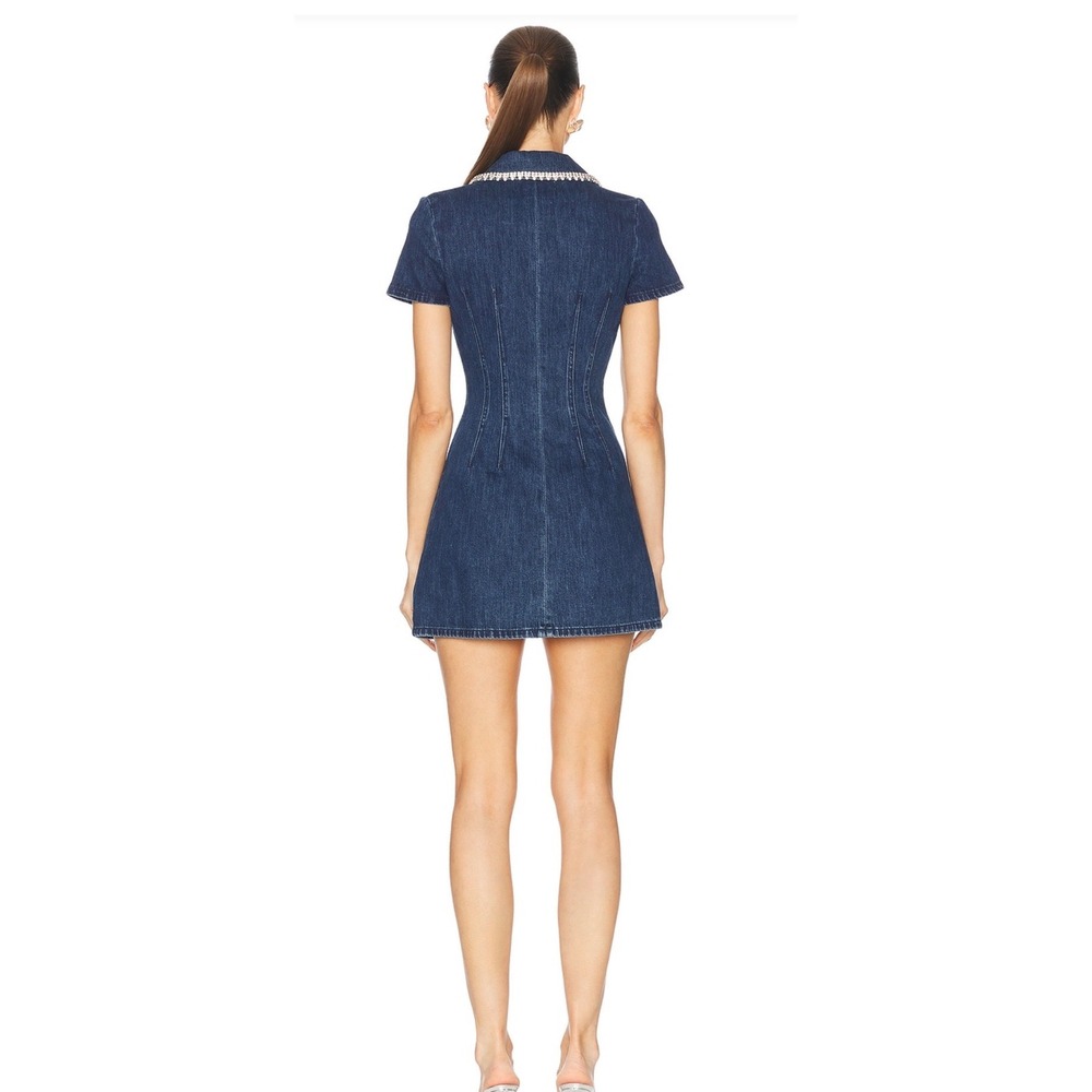 Self-Portrait Rhinestone Trim Denim Mini Dress Dark Wash Crystal Button US 12 - Picture 3 of 12